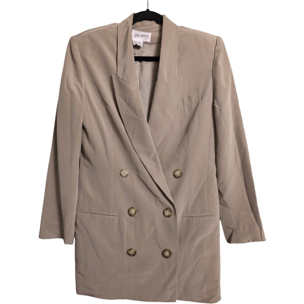 Hugo Buscati Tan Beige Double Breasted Silk Blazer Jacket Womens Size 4